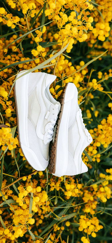 One image of the UltraRange 2.0 on a bed of flowers and the other of Vans Surf Team Riders Maddie Miller and Micky Clarke wearing the UltraRange 2.0.