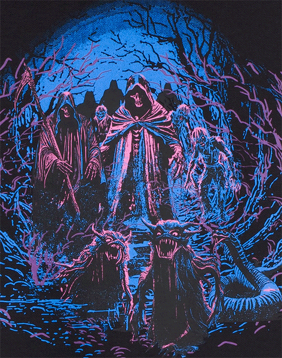 A close-up of a pink and blue Halloween graphic of grim reapers and goblins on a black t-shirt.