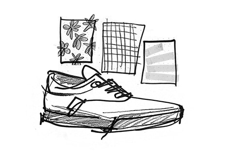A loosely sketched Authentic shoe with a floral print, a grid pattern, and gray stripes behind it.