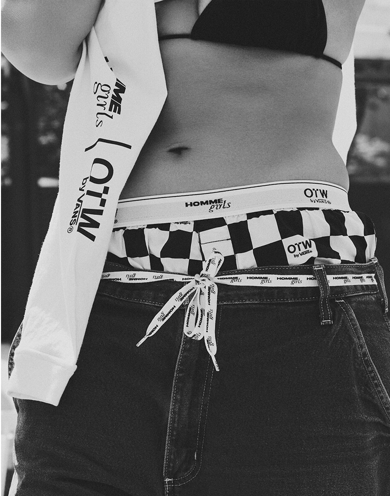OTW by Vans x Hommegirls checkerboard boxers with jeans and shoelace belt