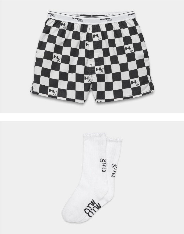OTW by Vans x Hommegirls checkerboard boxer shorts and ruffle socks.