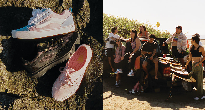 A split image of Vans shoes in pinks and cyans and friends hanging out near a beach in a truck.