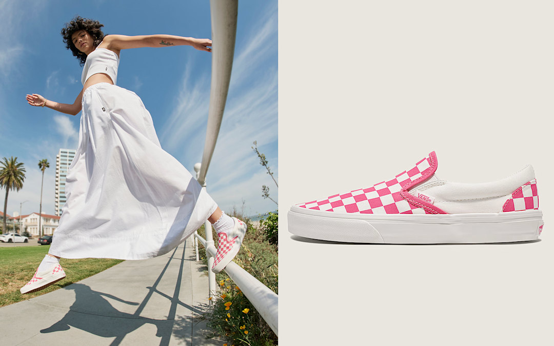Two images of the Honeysuckle Pink Checkerboard Classic Slip-On. One of a woman jumping off a rail in them and the other in a photography studio.