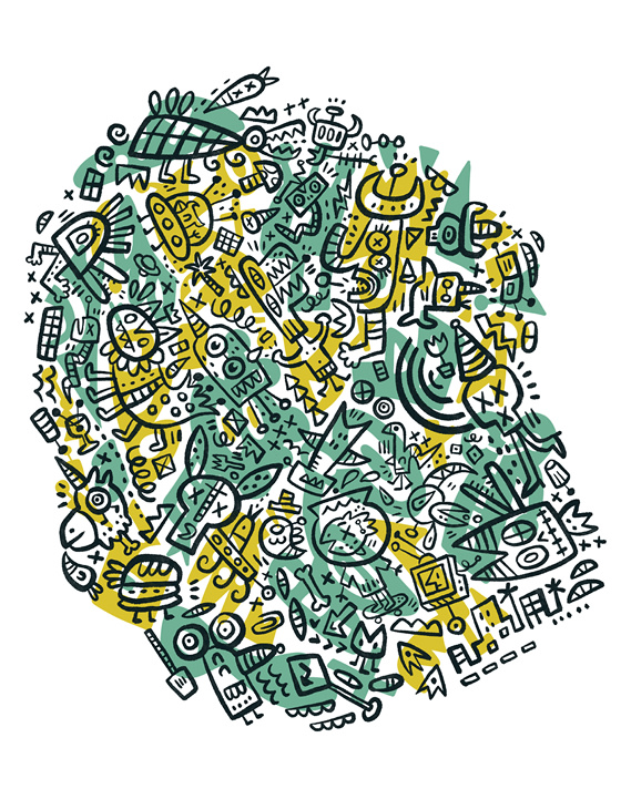 A green and yellow illustration by artist Brady Smith made up of smaller illustrations.