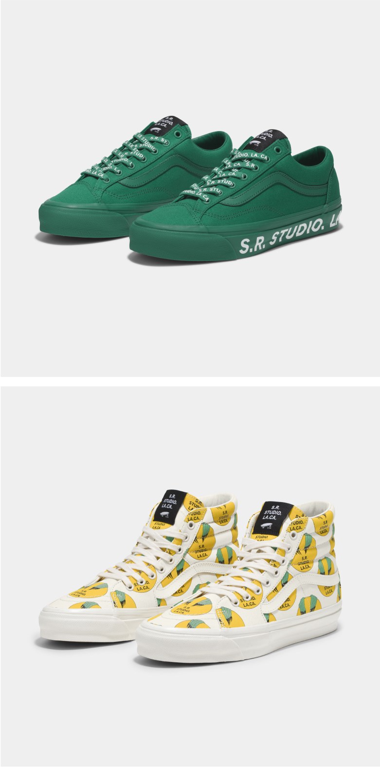 SRLA by Vans X OTW two footwear product shots in a green old school and yellow and white sk8 hi