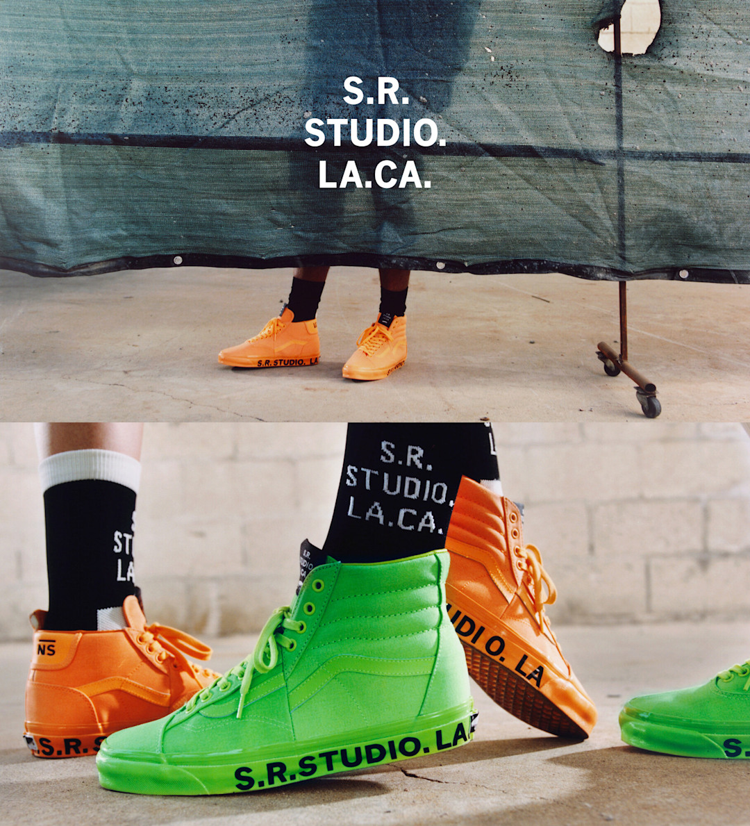 Close up shots of SR. Studio. LA. CA. X OTW by Vans Sk8-Hi in neon orange and green.