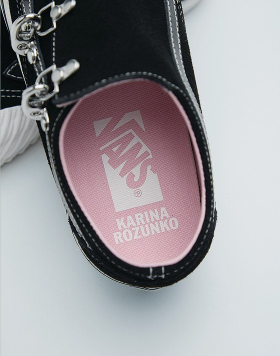 A close-up on the silver clips and embroidery on Karina Rozunuko’s Premium Old Skool from the New Future Collection.