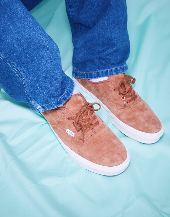 Close-up of skater Hadrian’s pig suede Premium Authentic on Open Set Los Angeles.