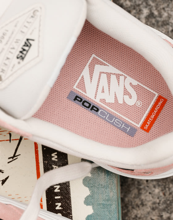Close up shot of the inside of the Kyle Walker WaffleCup shoe showing the heel portion of the footbed, with "Vans PopCush" written on the footbed.