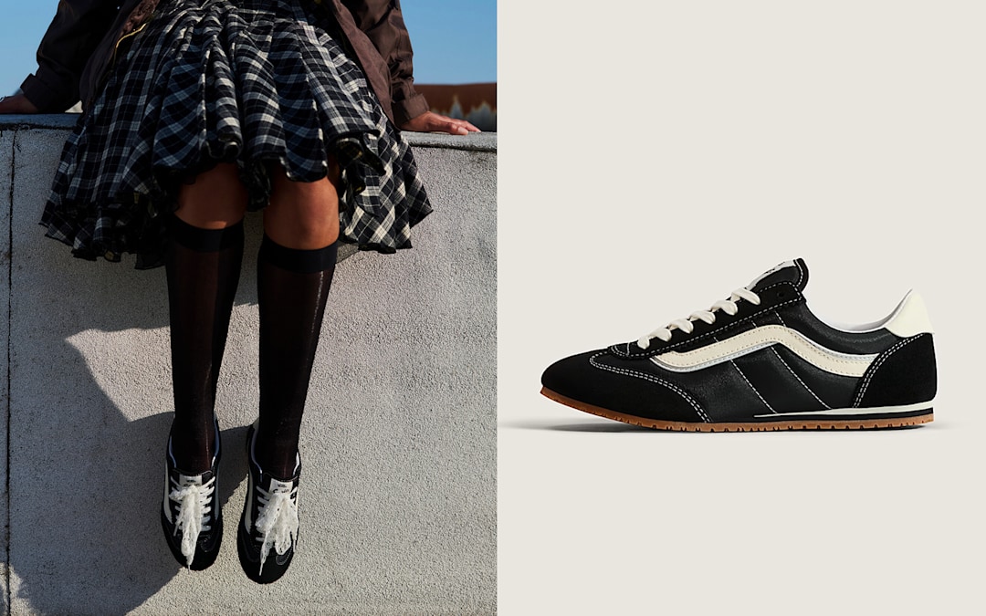 Two images: one of a woman on a wall with a plaid skirt with the black Super Lowpro and the other with the side profile of the black Super Lowpro.