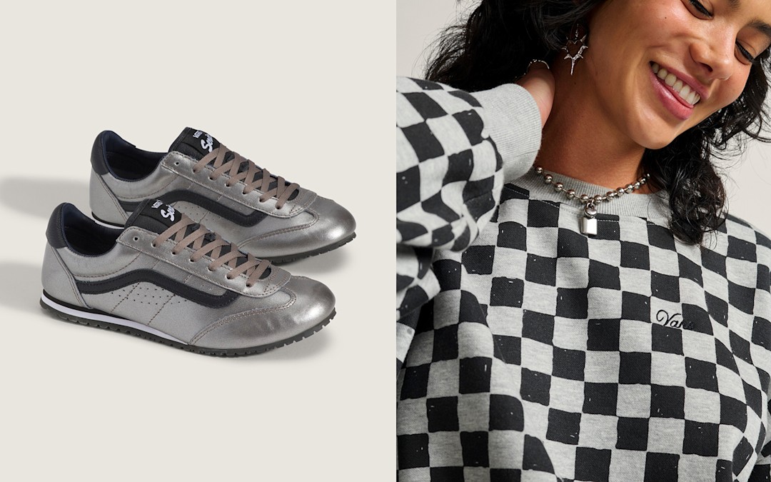 Two images: the silver Premium Super Lowpro in one and in the other, a close-up on a woman wearing a Checkerboard Retro Crew Sweatshirt.