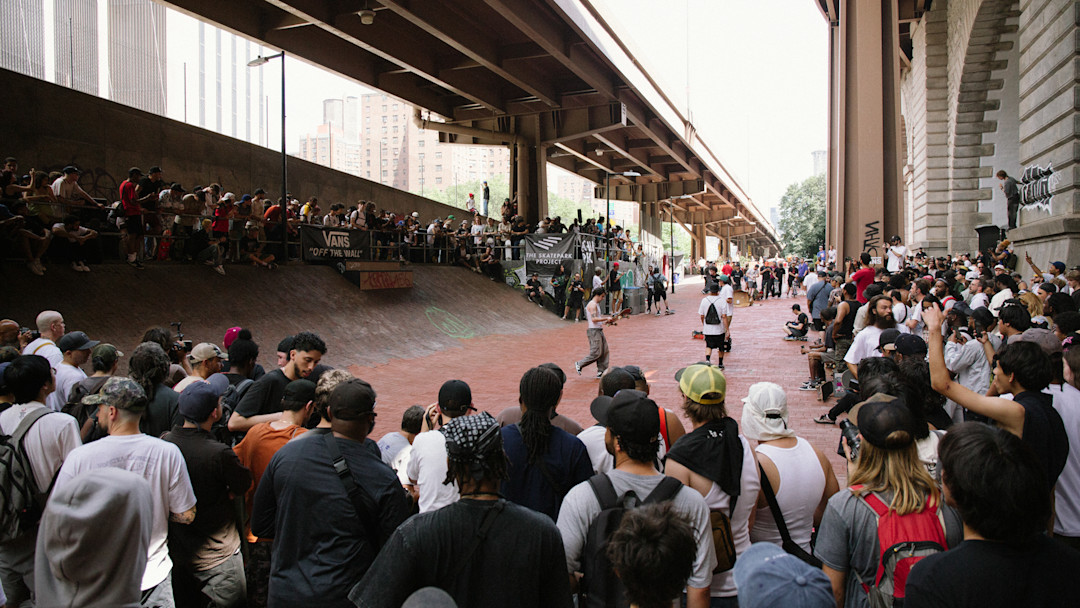 Skaters crowded around the Brooklyn Banks.