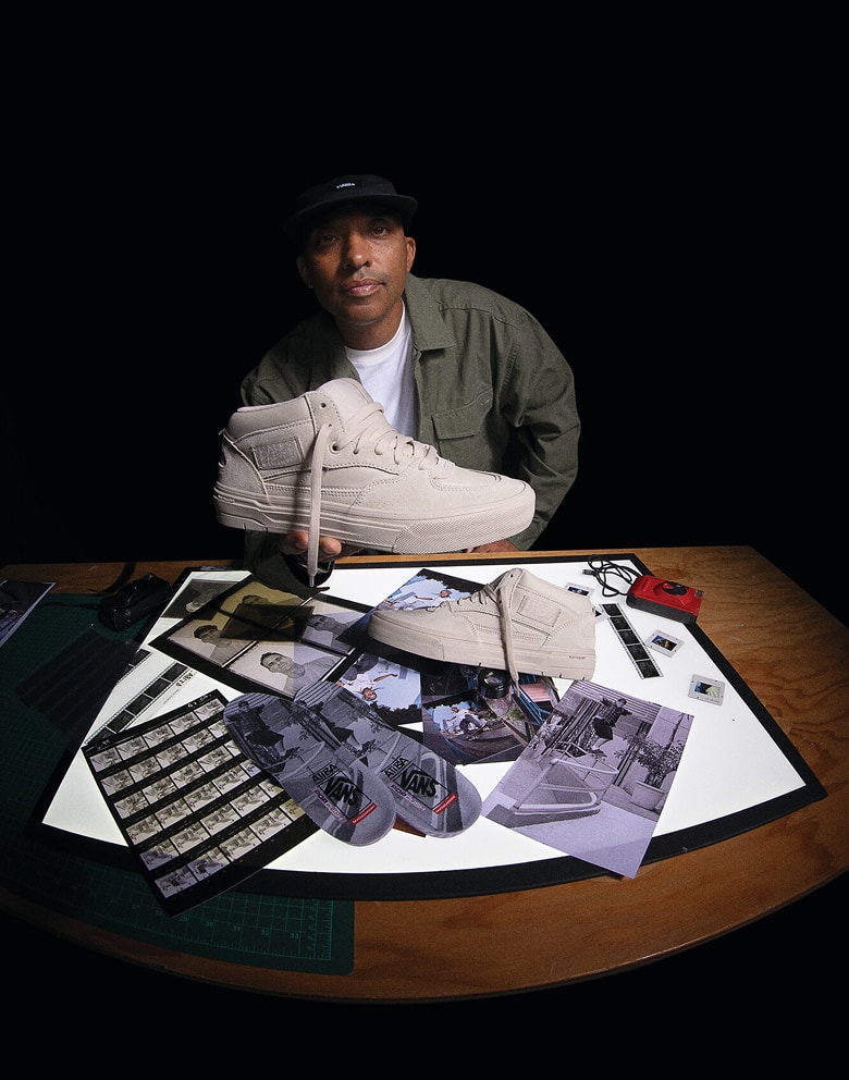 A montage of Vans Skate Team Rider Nick Michel jumping over a table wearing white Skate Half Cab from the United Through Skateboarding collection.