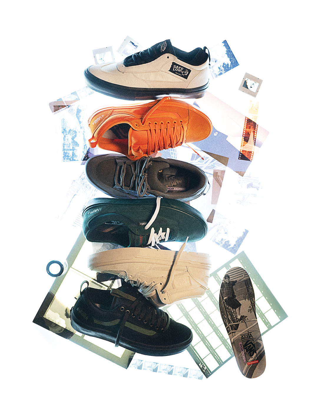 Six shoes for the Atiba, United Through Skateboarding collection laying on a light table.