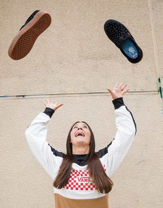 Vans BMX Rider Perris Benegas throws a pair of the black BMX Proof WaffleCup in the air.