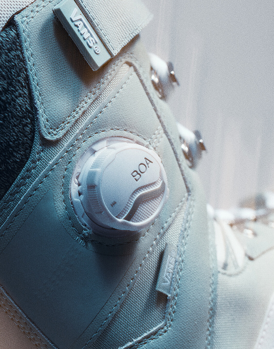 A close-up of the Vans Hybrid Plus BOA Custom Fit System on the Luna Pro snowboard boot.