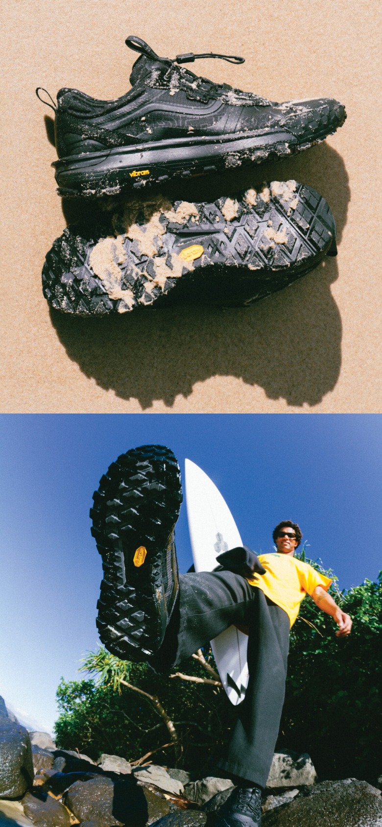 Two images: one of the black Crosspath XC GORE-TEX in the sand and the other of Vans Surf Team Rider Mikey February pointing them at the camera.