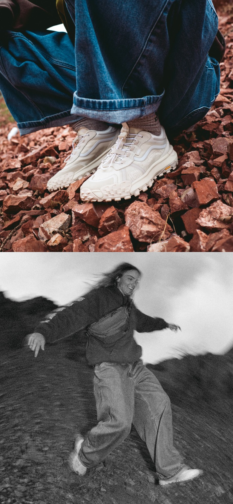 Two images: a woman wearing the white Crosspath XC GORE-TEX with blue jeans standing on red rocks and the other of her running down a hill.