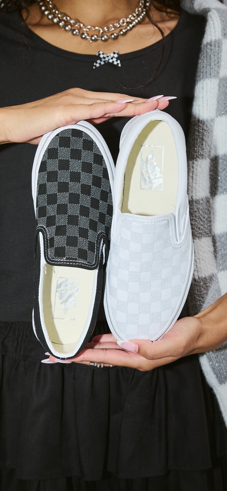Two images: a woman in a Checkerboard cardigan and a man in a rugby polo in a photography studio and the other of Checkerboard Classic Slip-On.