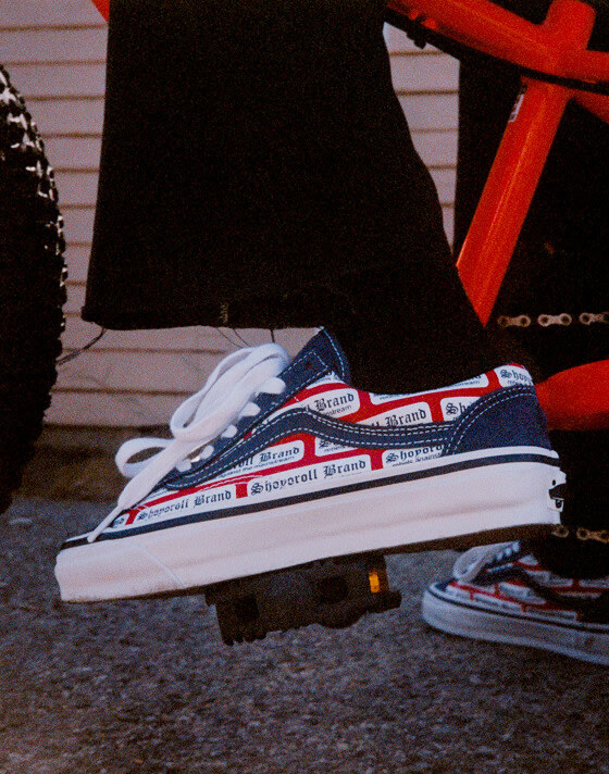 A close-up of the OTW by Vans x Shoyoroll Old Skool in a martial arts studio.