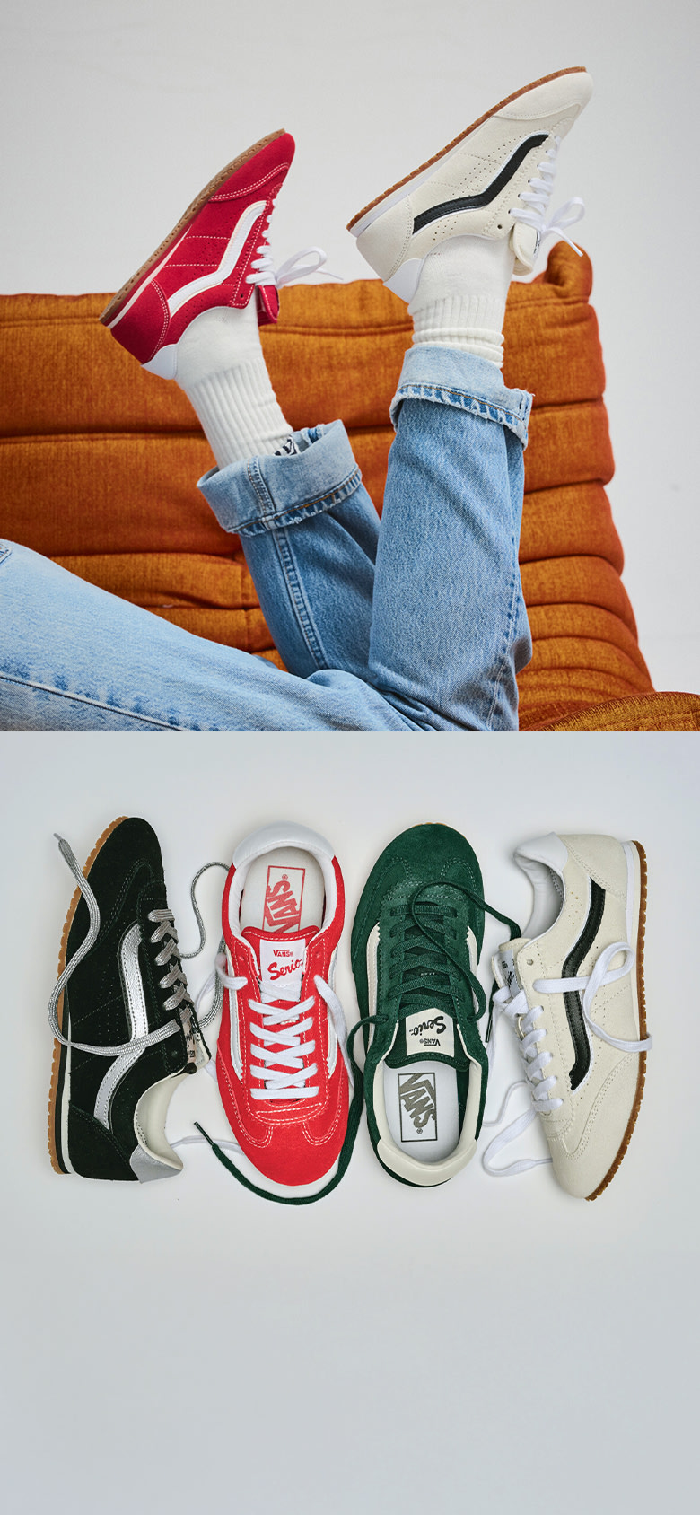 Two images: a person lies on an orange sofa with different Super Lowpro colors on each foot and the other of different colors of the Super Lowpro.
