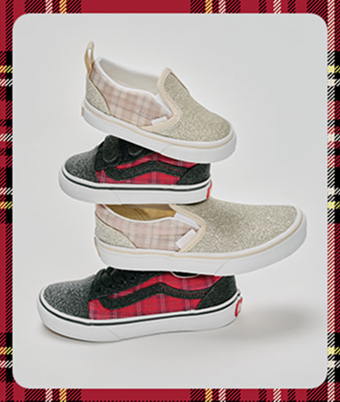 Different kids’ sizes of plaid Old Skool and glitter Classic Slip-On are stacked on top of each other in a photography studio.