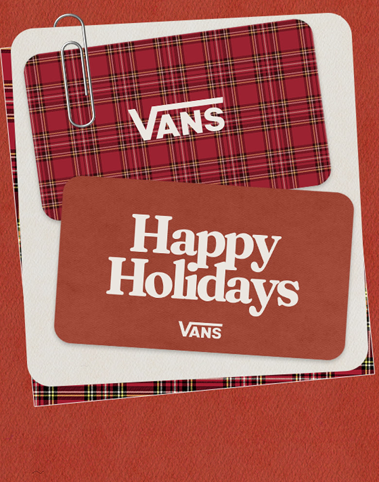 A variety of Vans gift cards that read Happy Holidays and Give This to Someone Special.