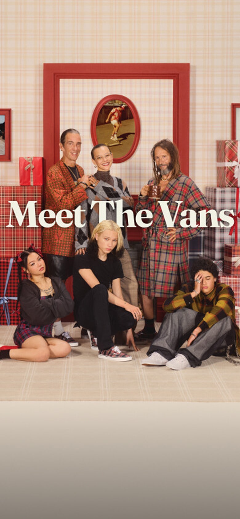 Meet the Vans - An eclectic cast of skaters, influencers, musicians and artists pose for a photo on the set of a sitcom surrounded by gifts.