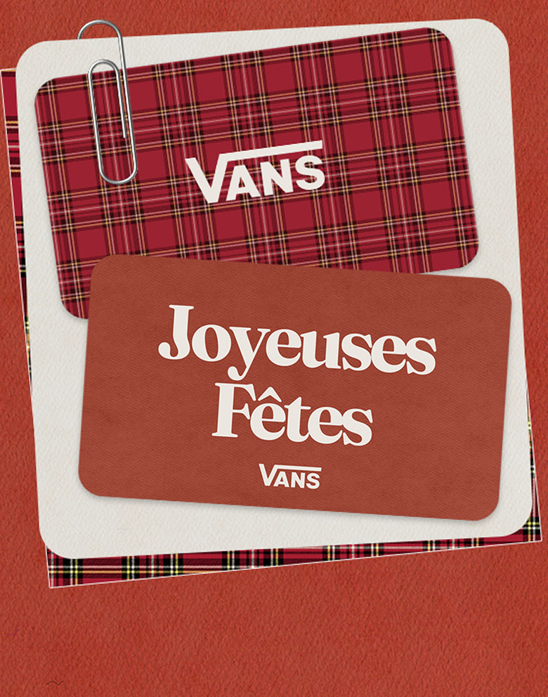 Une variété de cartes-cadeaux Vans avec les messages Joyeuses Fêtes et Offre ceci à quelqu’un de spécial.
