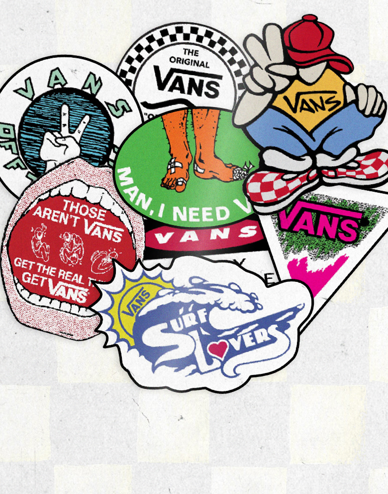 A variety of vintage Vans patches lay on top of each other on a white and gray Checkerboard background.