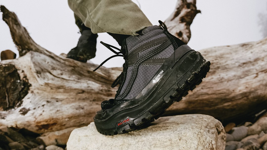 Close-up of Vans Gore-Tex shoe someone is wearing while hiking.