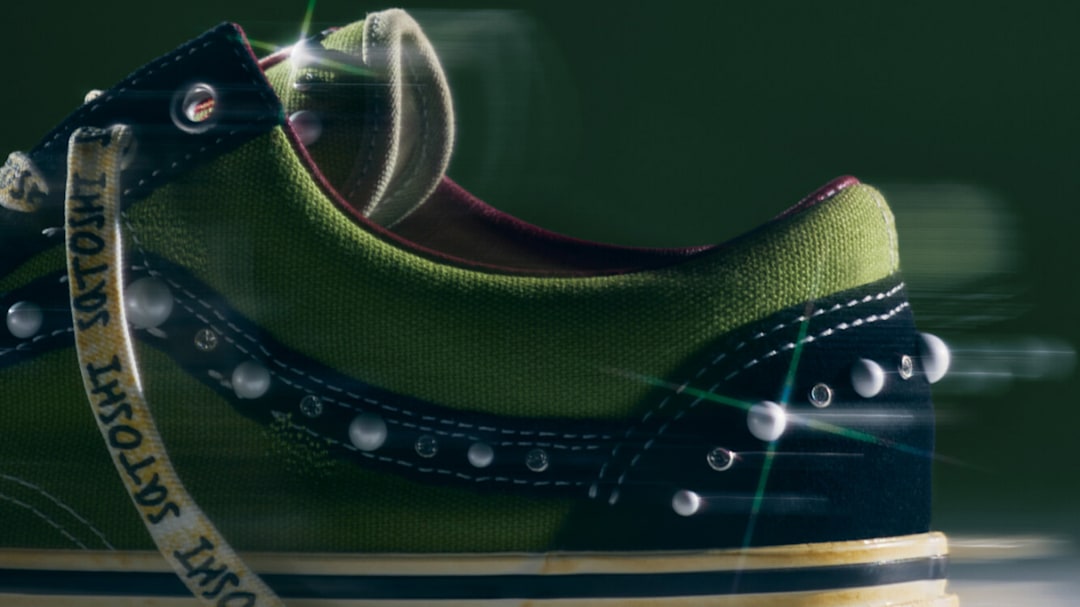 The OTW X Satoshi Nakamoto pearlized shoe.