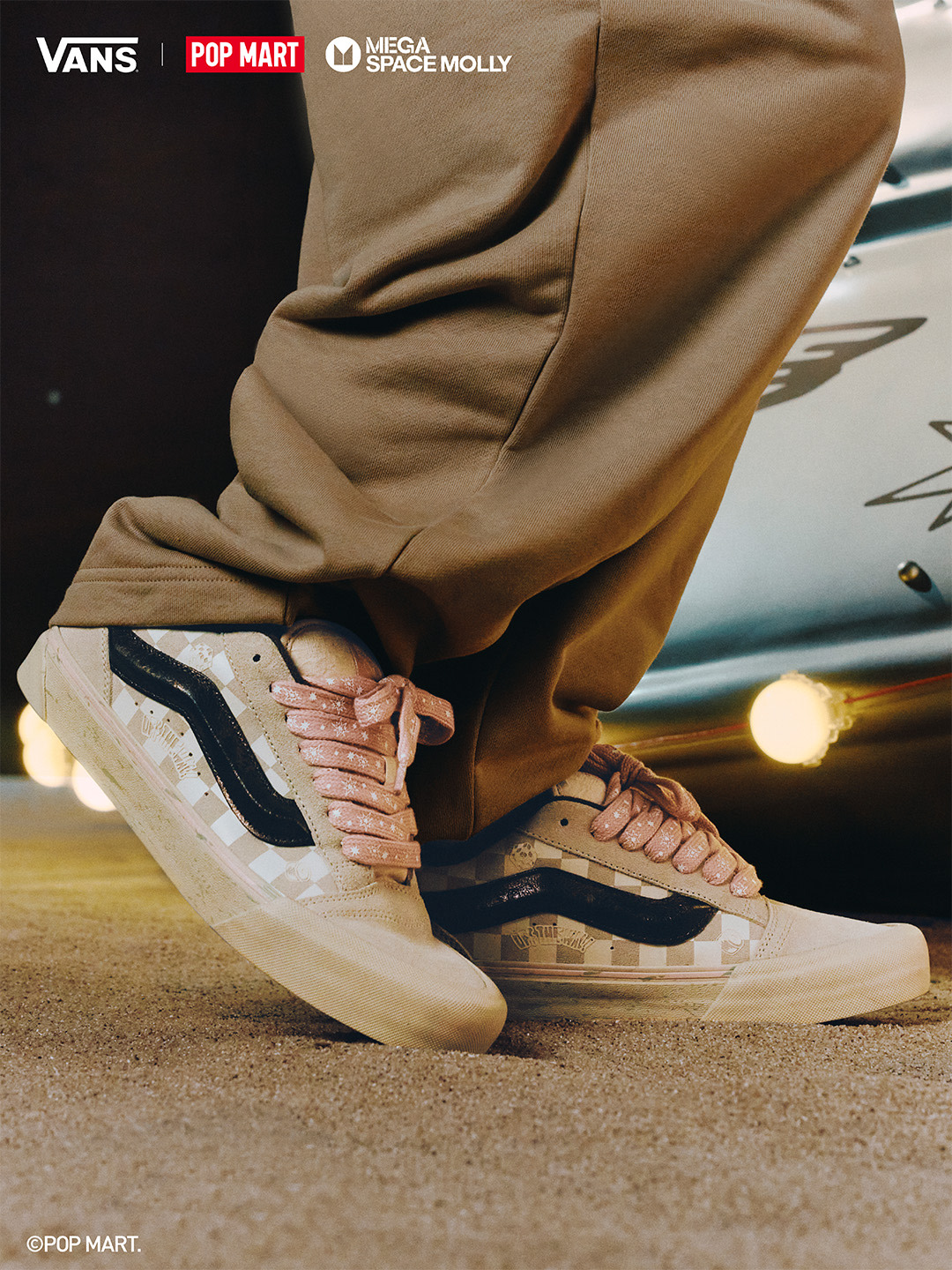 Vans × Space Molly beige sneakers with checkerboard print and pink laces