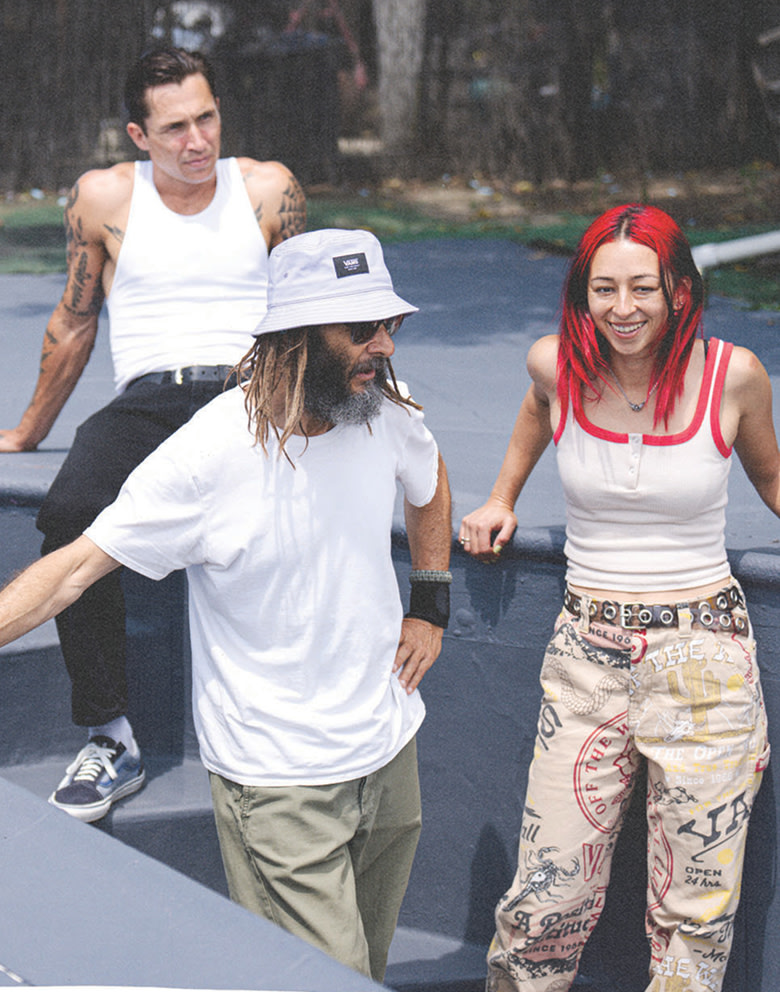 Vans Skate Team Riders and Vans BMX Team Riders sitting in a skate park wearing Vans shoes and clothes on a sunny day.
