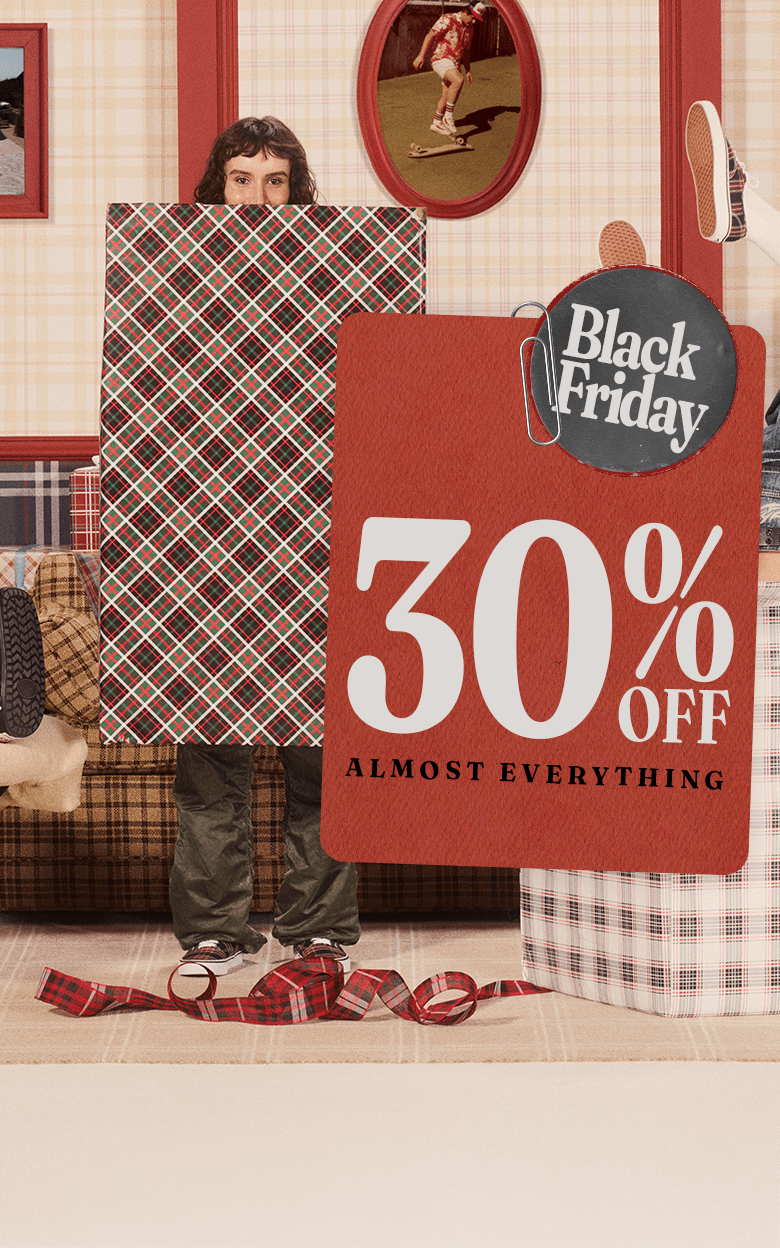 Three images in a collage on a red background, including Vans Holiday images and a card that says 30% off almost everything for Black Friday.
