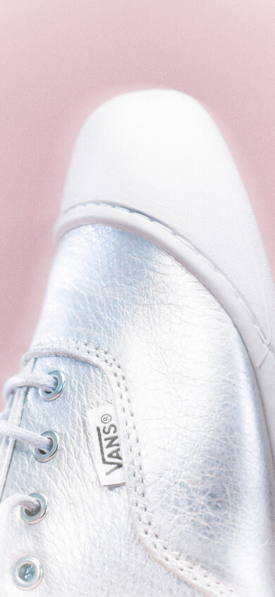 OTW by Vans X Authentic Prima silver shoes with a pink background