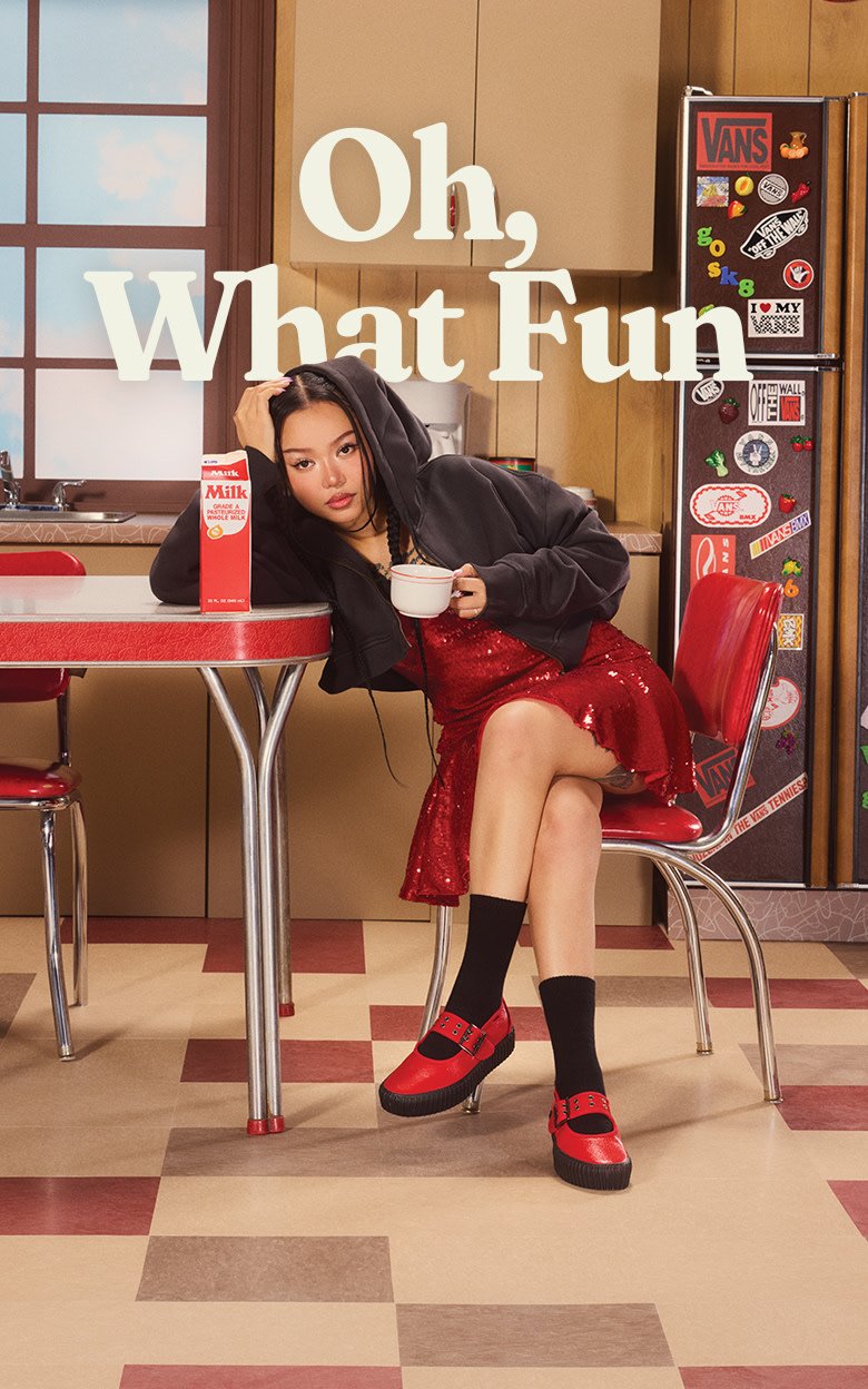 A red holiday border around two images: one of influencer Bella Poarch wearing racing red Mary Jane Creepers and the other of the shoes on a mantle.