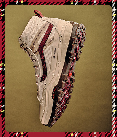 A plaid holiday border around an image of an egret white Sk8-Hi GORE-TEX Insulated Shoe floating in space with moisture beading on the exterior.