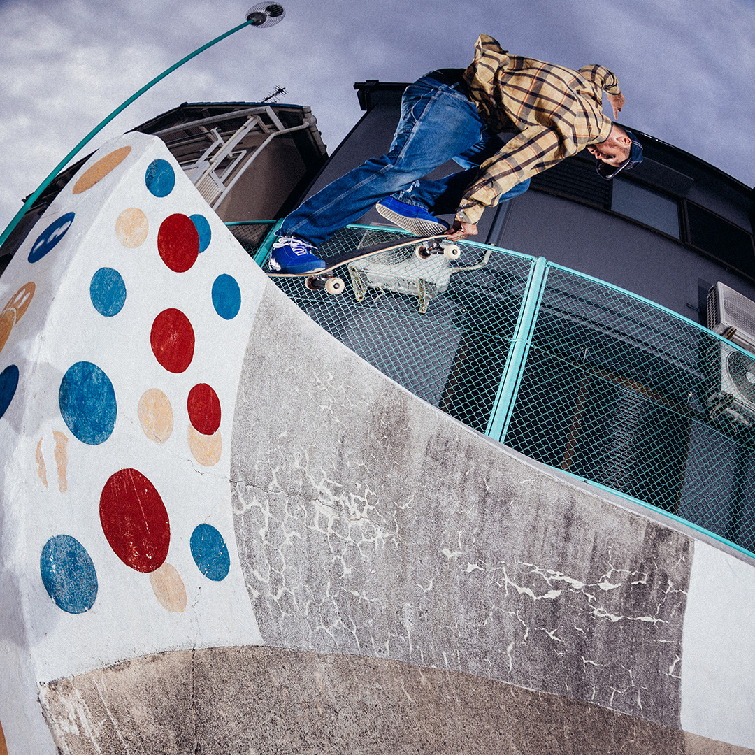 Skateboarder grinding along a curved concrete wall painted with colorful circles, with a fence and buildings in the background.