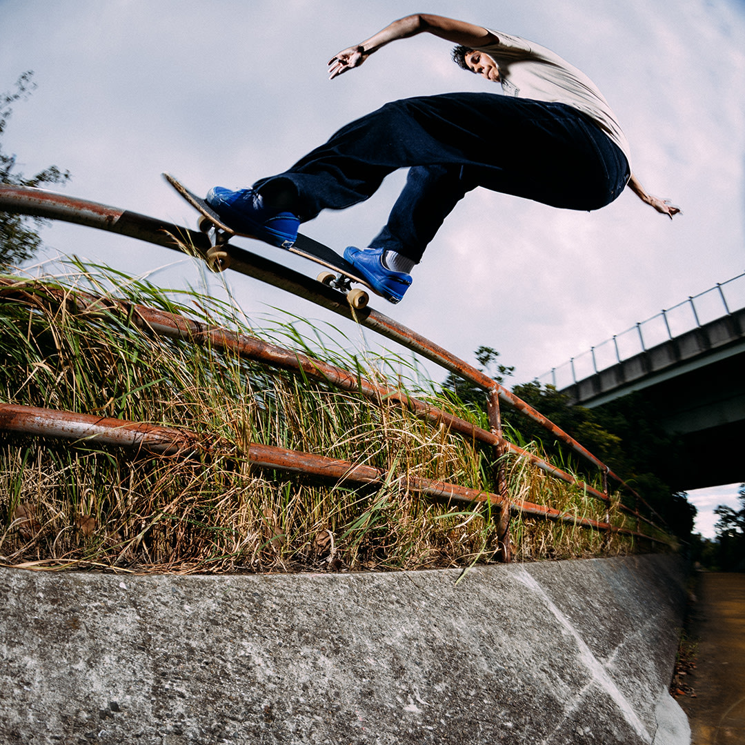Skateboarder grinding a rusted handrail above tall grass, captured from a low angle with motion and sky in the background.