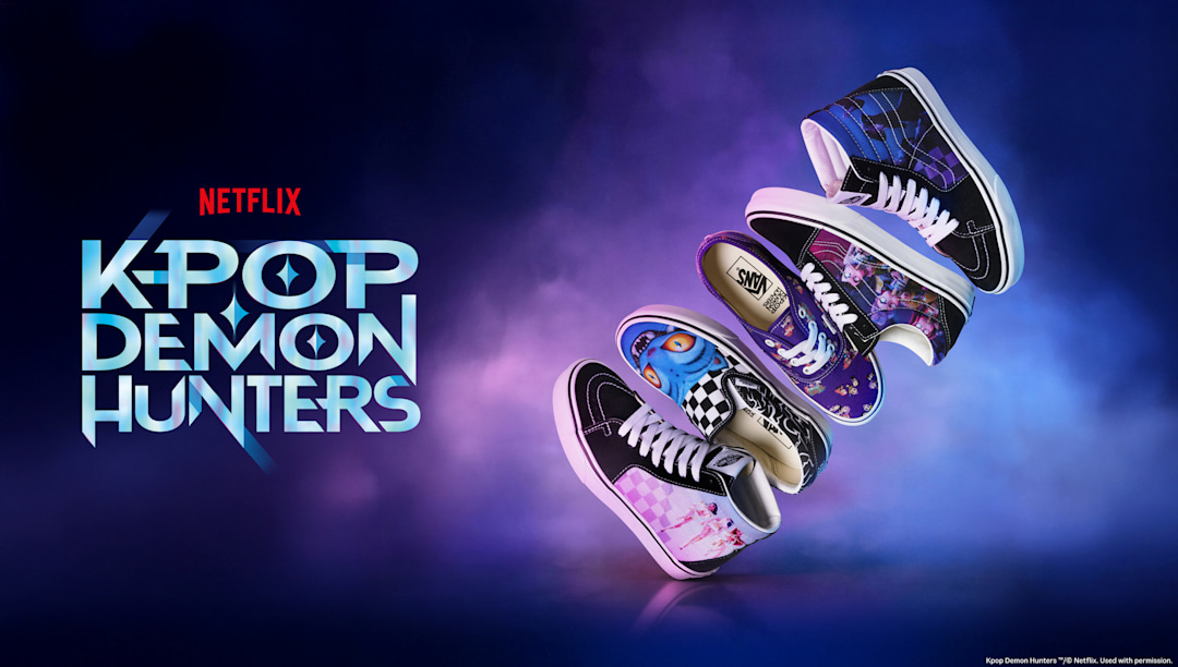 The phrase Netflix KPOP Demon Hunters above the Old Skool Vans and KPop Demon Hunters collaboration.