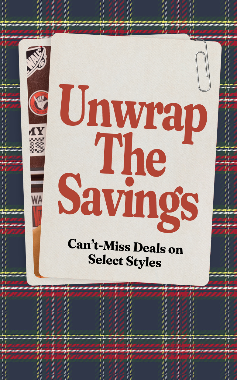 A paperclipped card that reads Unwrap the Savings and Can’t-Miss Deals on Select Styles on a plaid holiday background.