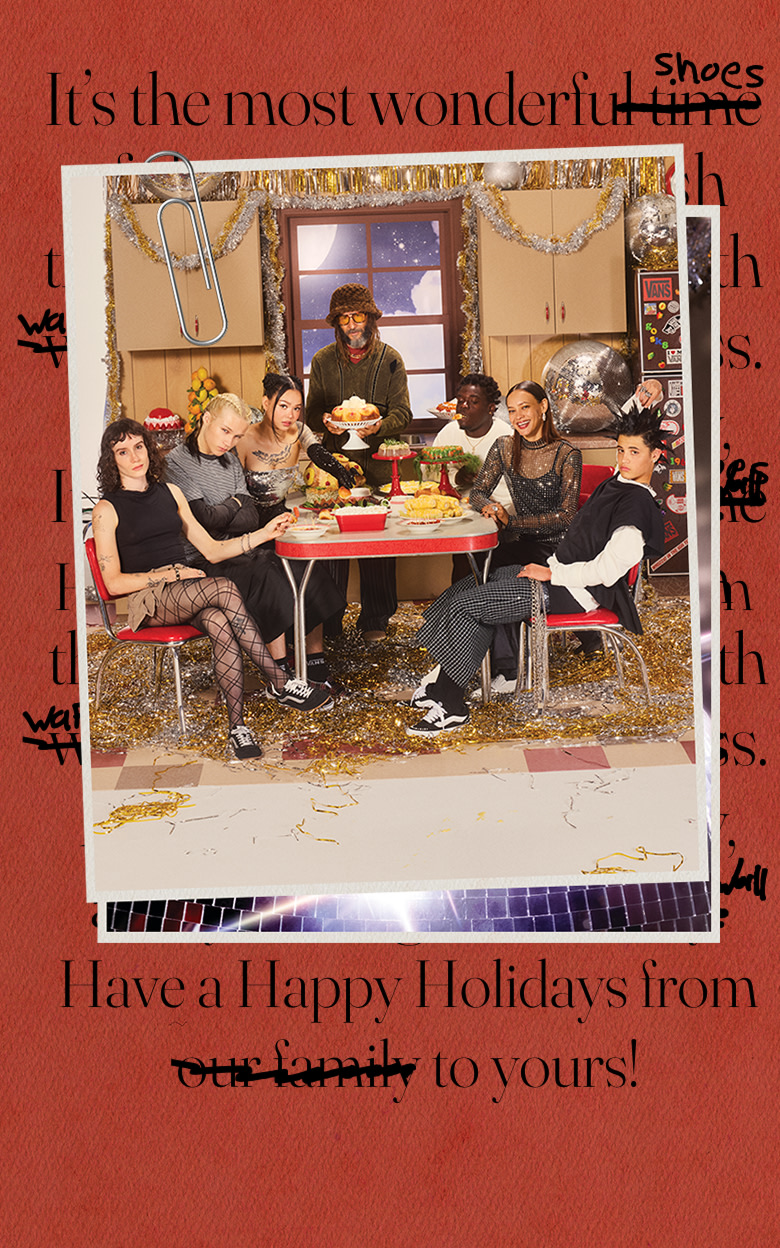 Polaroid of Vans influencers and skaters around a table with food on every plate in their kitchen decorated with silver and gold garland and a disco ball.