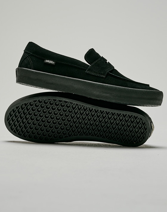 A close-up on the new black suede Skate Loafer stacked in a photography studio.