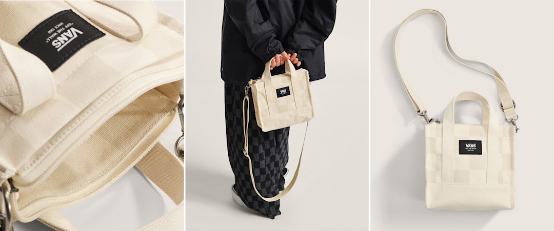 Three images of the oatmeal beige Lil Pergs Checkerboard Tote Bag with a close-up on the details and a woman holding one wearing all black.
