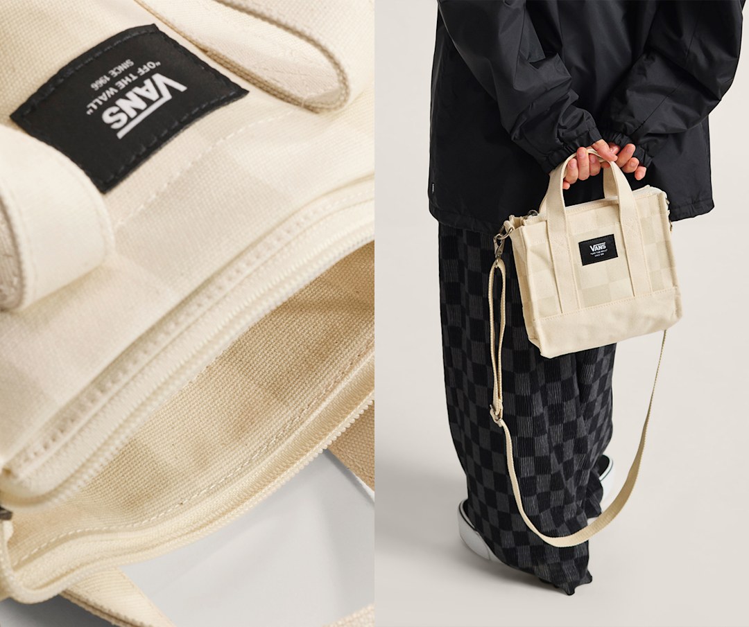 A woman holding an oatmeal beige Lil Pergs Checkerboard Tote Bag behind her back wearing all black in a photography studio.