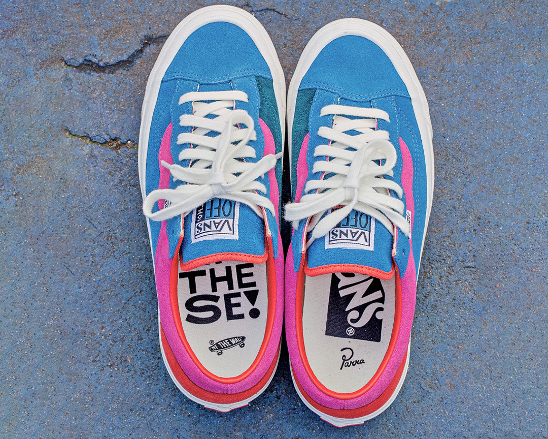 Top view of the Vans X Parra shoes place on the ground.