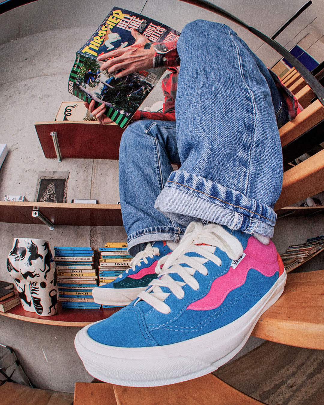Close up of Vans X Parra shoes being worn.