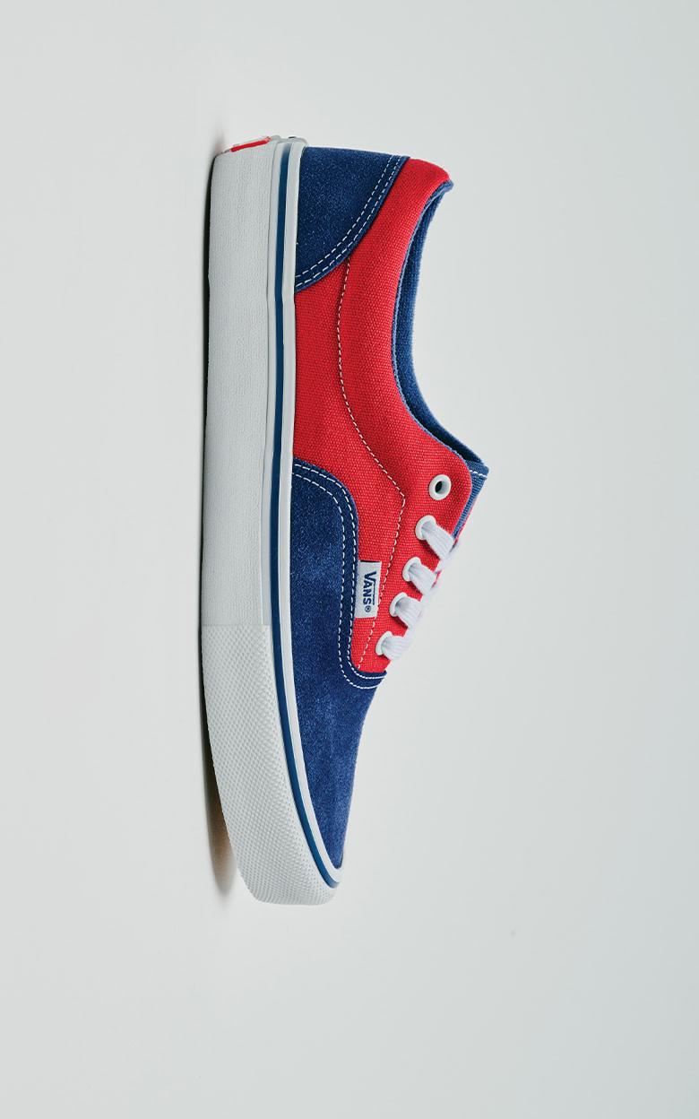 Close-up on the blue and red Skate Era in a photography studio.