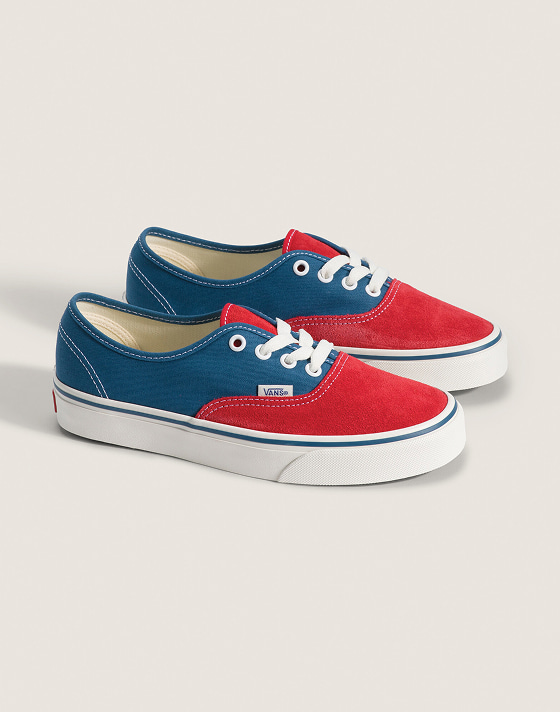 The red and blue Authentic from the Authentic Legacy drop of the Worn Loud collection in a photography studio.